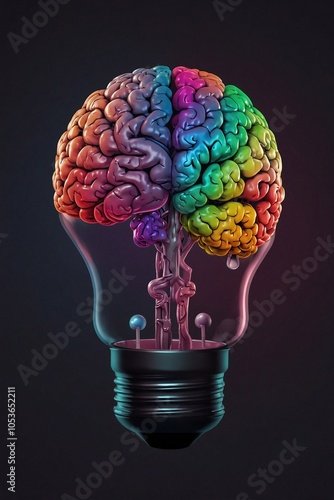 Bright Colorful Illustration of a Light Bulb with a Brain Inside, Symbolizing Creativity and Ideas in Education