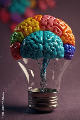 Bright Colorful Illustration of a Light Bulb with a Brain Inside, Symbolizing Creativity and Ideas in Education