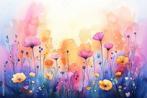 Colorful Watercolor Wildflowers in Dreamy Sky Scene