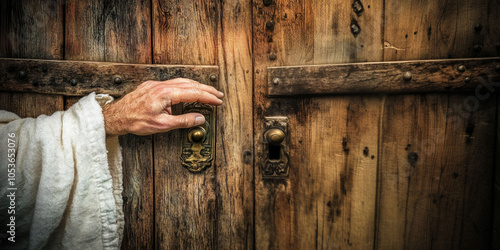 Hand open an old wooden door photo