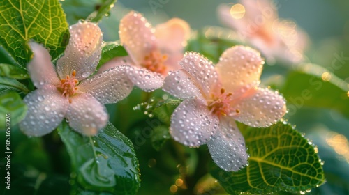 White flowers covered in dew resting on lush green leaves in a vibrant garden photo