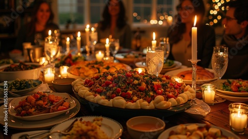 Cozy candlelit holiday dinner with family and friends enjoying festive food photo