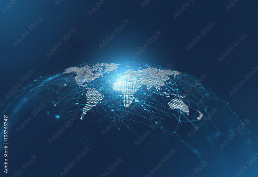 Fototapeta premium A stylized world map outlined in white with a glowing, blue light emanating from the center, connected by a network of lines.