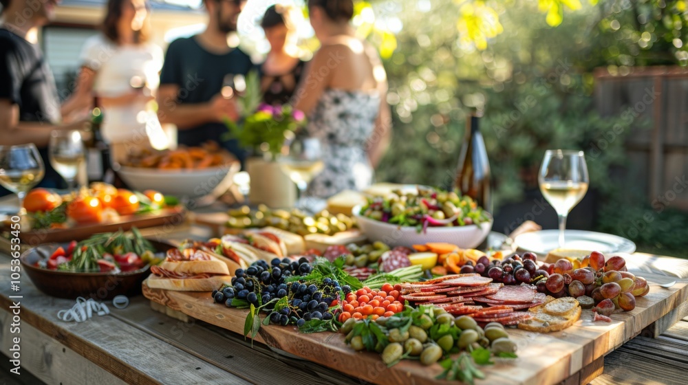 Obraz premium Outdoor gathering with fresh charcuterie board and friends enjoying a summer day