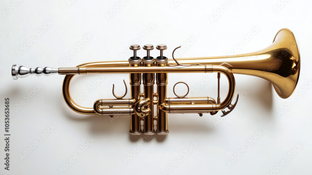 Classic jazz trumpet isolated on white background, showcasing its elegant design and shiny brass finish. Perfect for music enthusiasts and collectors alike Classic jazz trumpet isolated on white background, showcasing its elegant design and shiny brass finish. Perfect for music enthusiasts and collectors alike