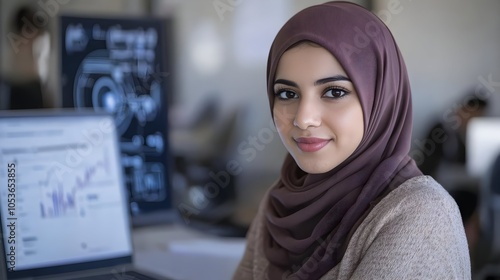 Portrait of a confident and focused young Muslim woman wearing a hijab,working diligently on an engineering project on a computer in her digital workspace.