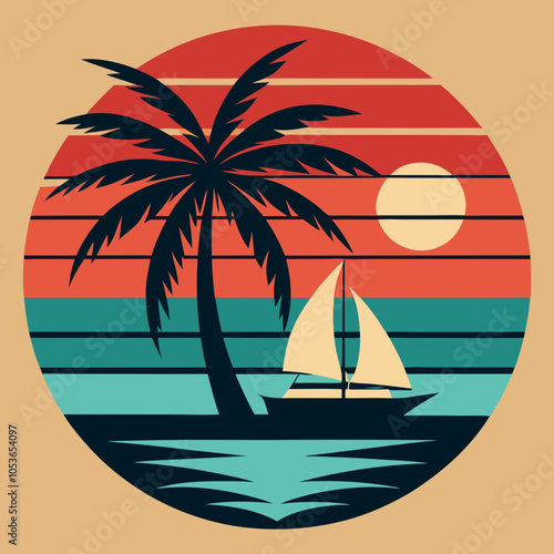 Tropical Island with Sailboat Silhouette on Retro Vintage Background Vector Art Illustration T-shirt Design Art