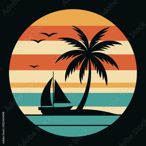 Tropical Island with Sailboat Silhouette on Retro Vintage Background Vector Art Illustration T-shirt Design Art