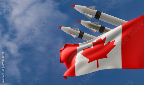 Ballistic missile being launched, Canada flag in foreground. Canada weapons of mass destruction concept. Missile weapon launch with Canada flag