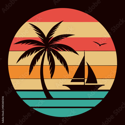 Tropical Island with Sailboat Silhouette on Retro Vintage Background Vector Art Illustration T-shirt Design Art