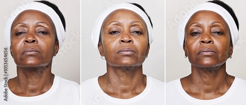 Series of Images Showing 40-Year-Old Woman’s Skin Transformation from Tired Wrinkled Texture to Smooth Radiant Youthful Complexion with Clear Brightness Improvement photo