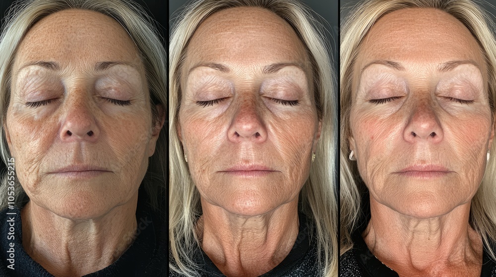 Series of Images Showing 50-Year-Old Woman’s Skin Transformation from Tired Wrinkled Texture to Smooth Radiant Firm Complexion with Improved Brightness Series of Images Showing 50-Year-Old Woman’s Skin Transformation from Tired Wrinkled Texture to Smooth Radiant Firm Complexion with Improved Brightness
