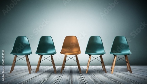 Row of chairs with one odd one out. Job opportunity. Business leadership.