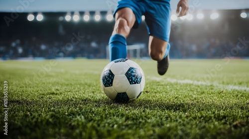 A soccer player in blue uniform runs with full speed to kick the ball on the lush green grass field inside a large stadium. The player is focused and determined,with the crowd in the background.