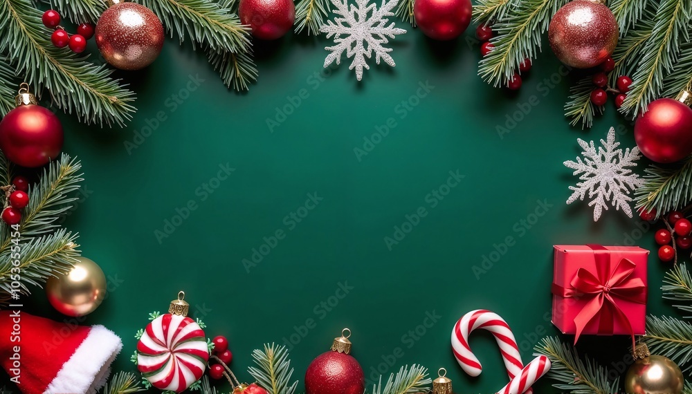 Naklejka premium Christmas card layout with red balls, baubles, beanie gifts and pine branches with copy space in the middle on green background.