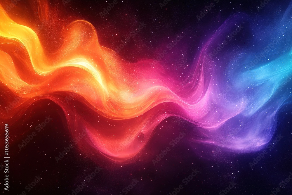Fototapeta premium Abstract colorful glowing waves in space with starry background.
