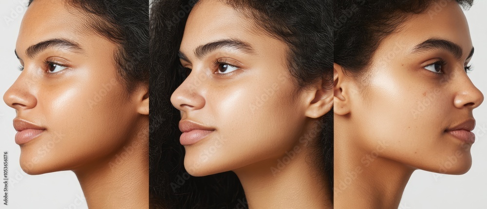 Series of Images Showing 30-Year-Old Woman’s Skin Transformation from Tired Wrinkled Texture to Smooth Radiant Firm Complexion with Enhanced Brightness Series of Images Showing 30-Year-Old Woman’s Skin Transformation from Tired Wrinkled Texture to Smooth Radiant Firm Complexion with Enhanced Brightness