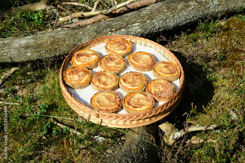 Rye tarte with carrot, potatoes and cumin in a wicker basket, on a natural forest background with moss and trees. Latvian dessert at Sklandrausis with carrot and rye dough photo