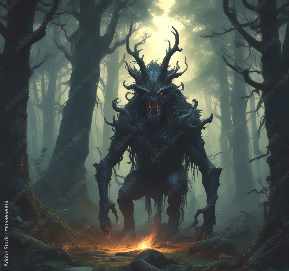 Obraz premium Illustration of spooky creature in woods.