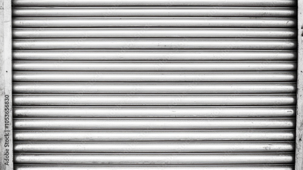 Close-up of industrial gray metal rolling shutter doors in an urban environment against a black background Close-up of industrial gray metal rolling shutter doors in an urban environment against a black background