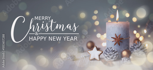 Christmas Candle with natural decoration - Advent - Christmas and New Year Greeting Card, Banner, Panorama