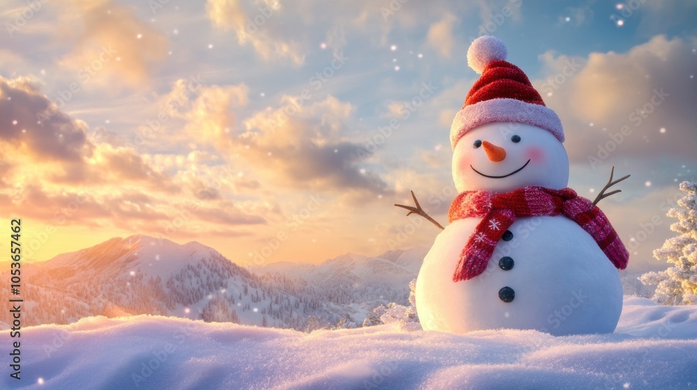 Obraz premium Cute snowman in heavy snow covered wild field at sunrise