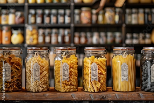Set of pasta mockups, macaroni samples in glass jars on kitchen shelf of store, with labels with italian pasta names and decorative elements