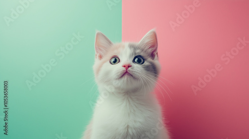 White and Gray Kitten Against Mint and Pink Background Curious and Bright Eyes