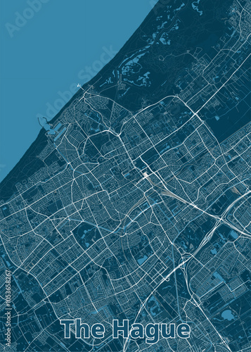 Map of The Hague, Netherlands, rendered in a minimalist style. The map features a deep blue background with white lines representing streets and roads.