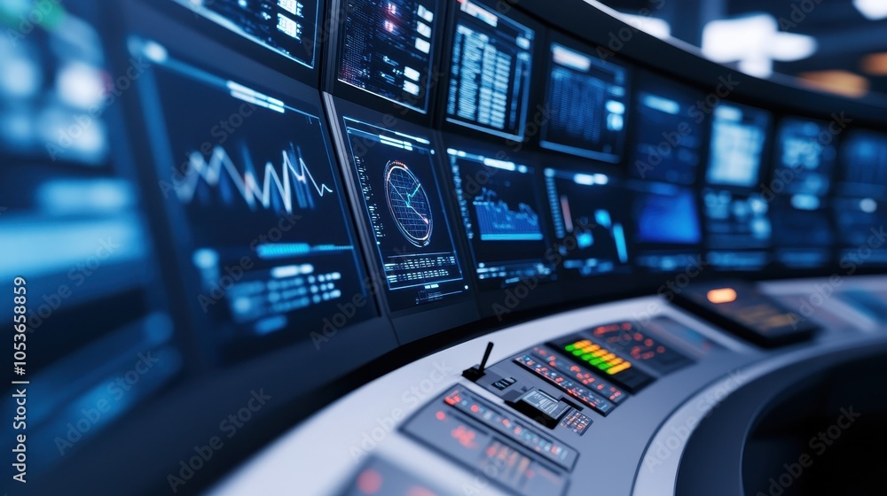 Fototapeta premium a modern control room with a curved array of digital screens displaying data visualizations and metrics. sleek, vibrant design suggests advanced monitoring for tech and business sectors.