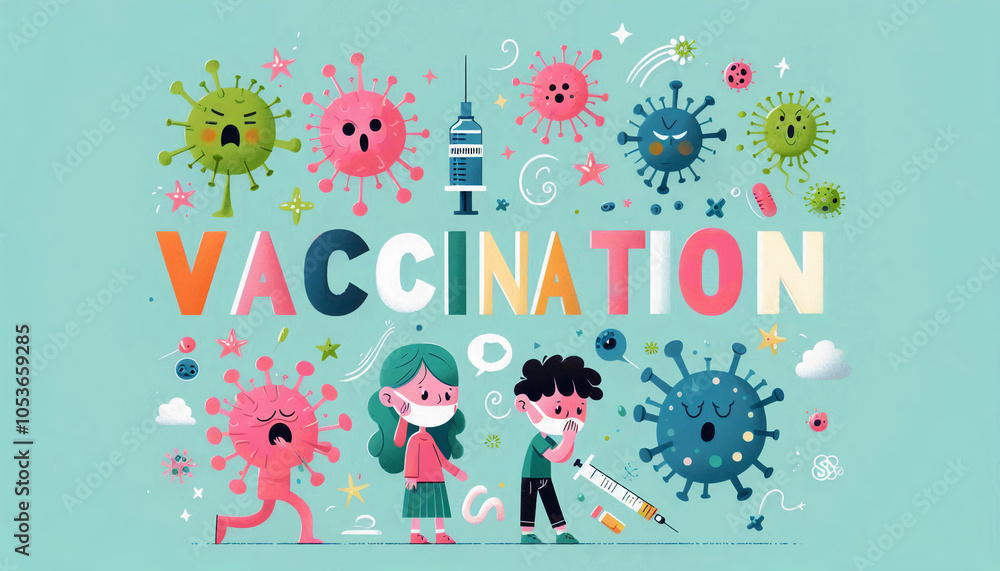 Obraz premium Colorful illustration of viruses and children wearing masks promoting vaccination