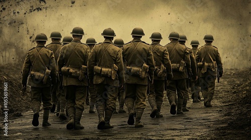 Soldiers with their backs in a row marching 