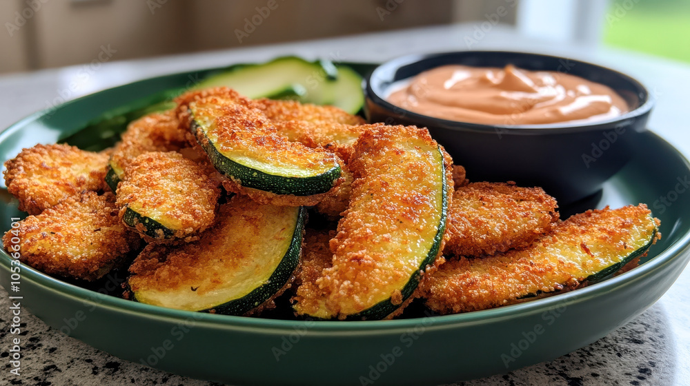 Fototapeta premium Golden-breaded zucchini fries served in a deep green bowl, paired with a rich dipping sauce and fresh cucumber slices, create a vibrant and inviting snack display.