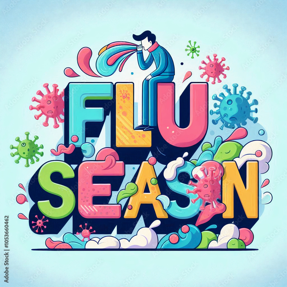 Playful typography 'Flu Season' surrounded by germs and colorful elements