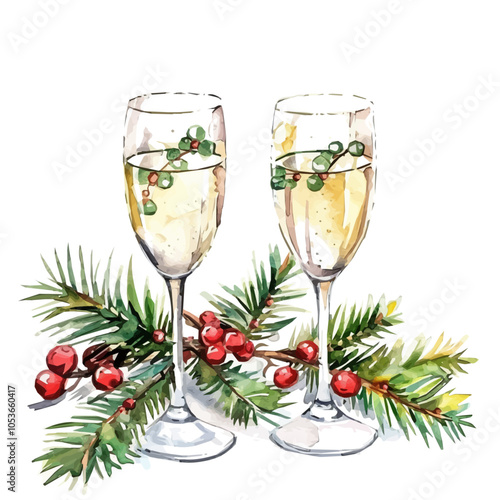 Watercolor champagne glass and gold Christmas balls. New year celebration greeting cards. Gold Christmas decor. Sparkling wine glassو Fir branches with cones and berries. Festive Champagne glass