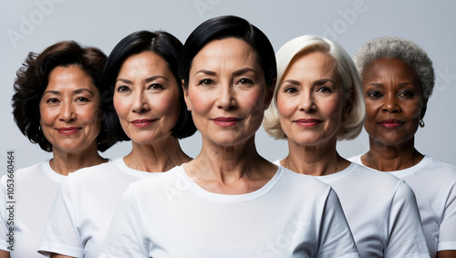 group of modern woman of various different races in menopause age, multiethnic female group  standing together confident and satisfied, 