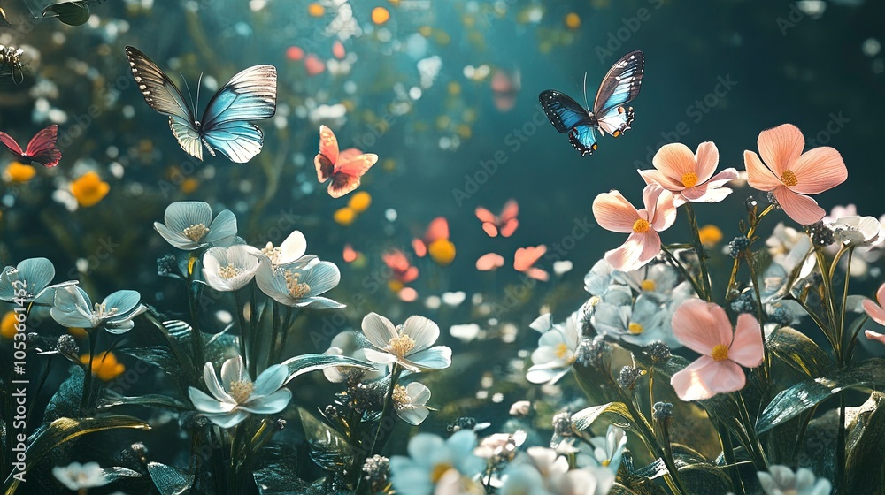 A fairytale garden with blooming flowers and butterflies A fairytale garden with blooming flowers and butterflies