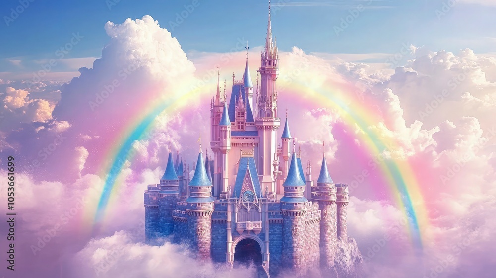 Fototapeta premium A magical castle surrounded by rainbows and fluffy clouds