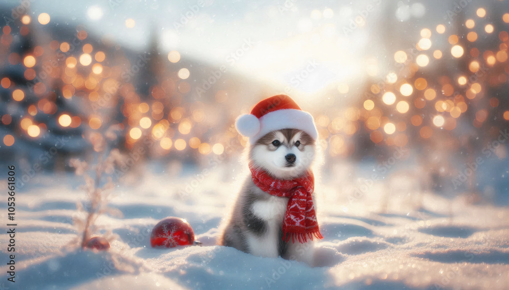 A cute husky puppy wearing a Santa hat and scarf, sitting in the snow with festive lights in the background