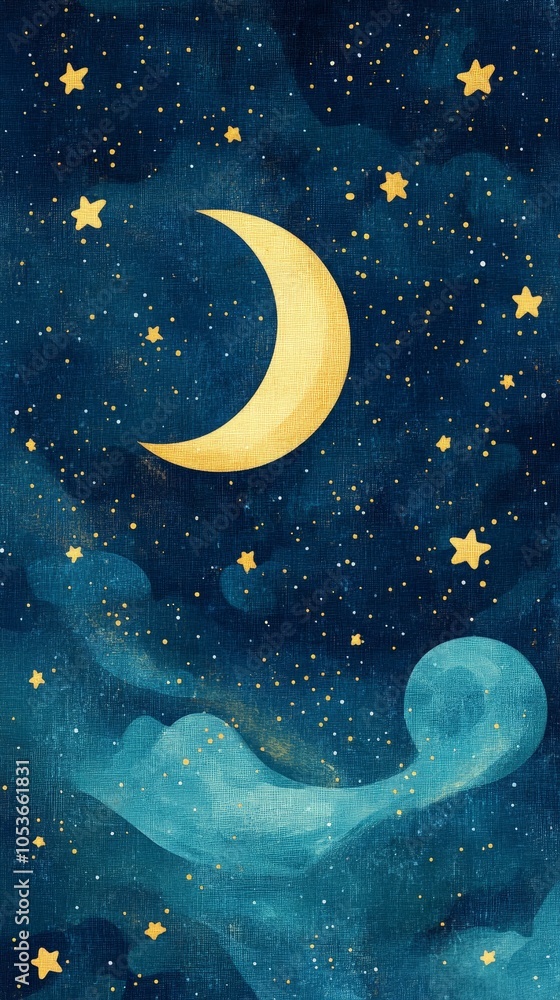 A starry night sky with a cartoon moon and twinkling stars A starry night sky with a cartoon moon and twinkling stars