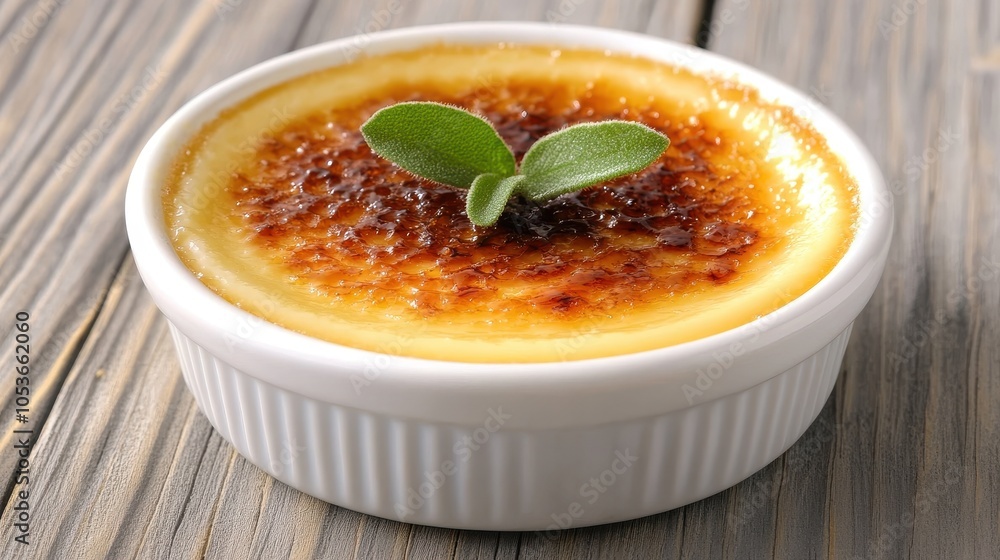 A classic white ramekin holds a beautifully caramelized creme brulee, accented by fresh green leaves. Set on rustic wood, it embodies the indulgence of this French favorite. A classic white ramekin holds a beautifully caramelized creme brulee, accented by fresh green leaves. Set on rustic wood, it embodies the indulgence of this French favorite.