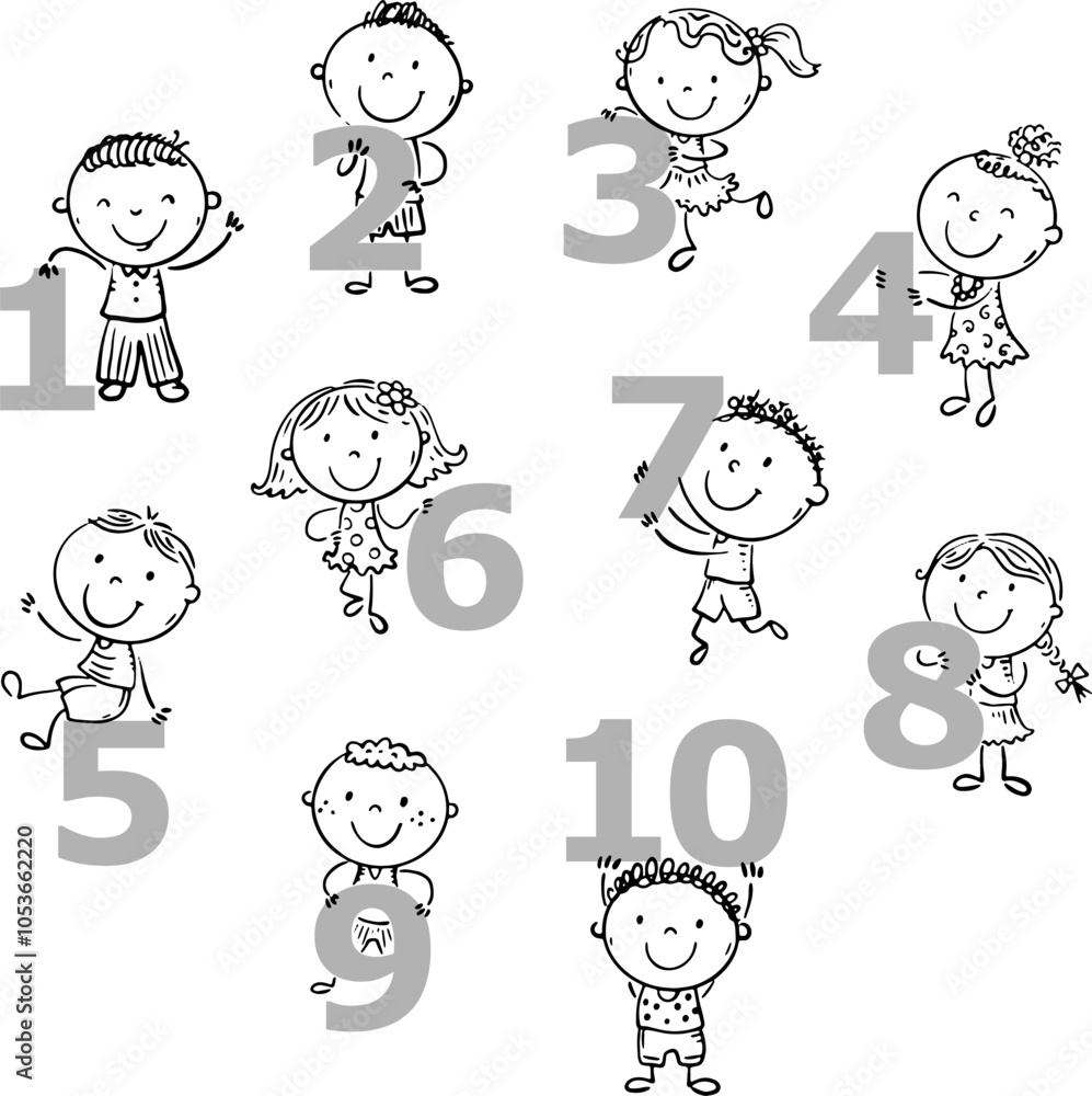 Stick figure kids holding numbers, maths teaching aid for little children. Black and white clipart set, numbers in pictures Stick figure kids holding numbers, maths teaching aid for little children. Black and white clipart set, numbers in pictures