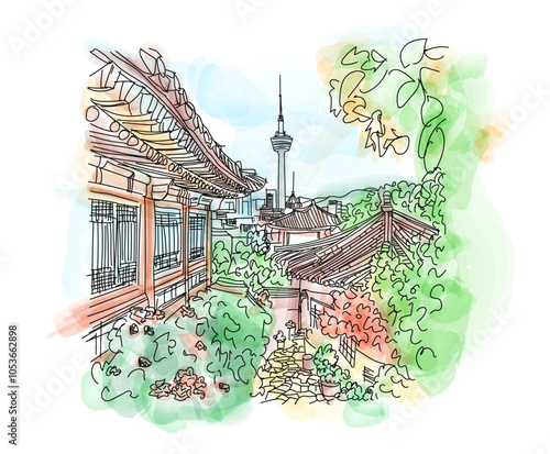 Obraz na płótnie The traditional Korean houses of Bukchon Hanok Village in Seoul, South Korea. Seoul Tower on Namsan Mountain - vector illustration w salonie