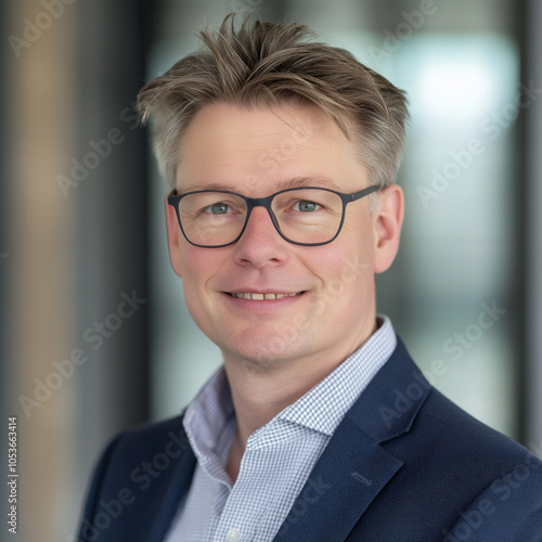 Sympathischer Mann mit moderner Brille, professionelles Business-Portrait mit natürlichem Lächeln auf hellem Hintergrund photo