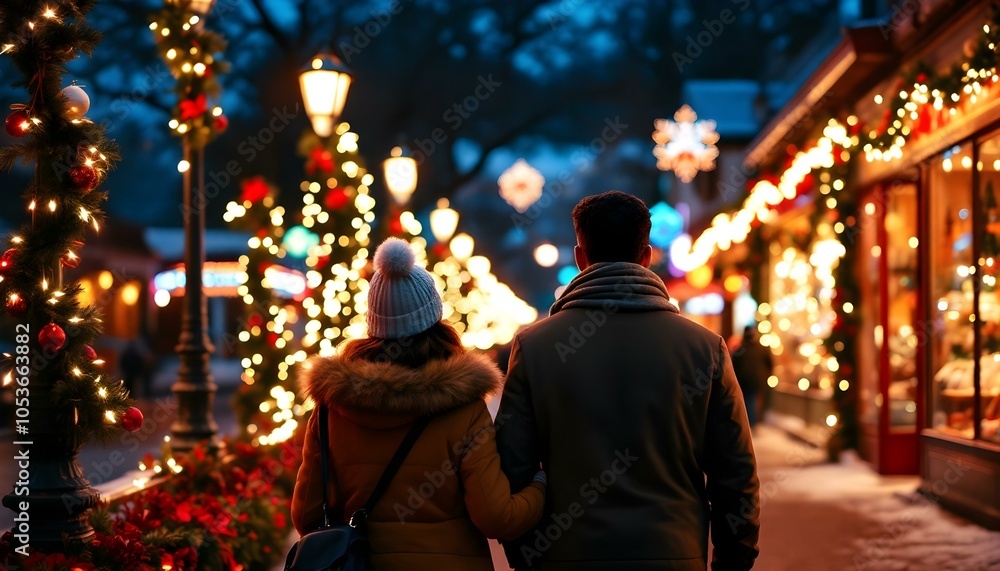 Fototapeta premium People strolling through a charming snow-covered town, enjoying each other's company, surrounded by cozy shops and festive decorations, creating a warm and joyful winter atmosphere