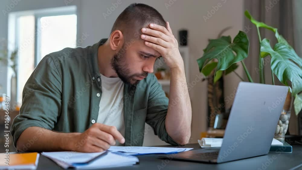 A man appears stressed while reviewing documents on his laptop at a desk. A man appears stressed while reviewing documents on his laptop at a desk.
