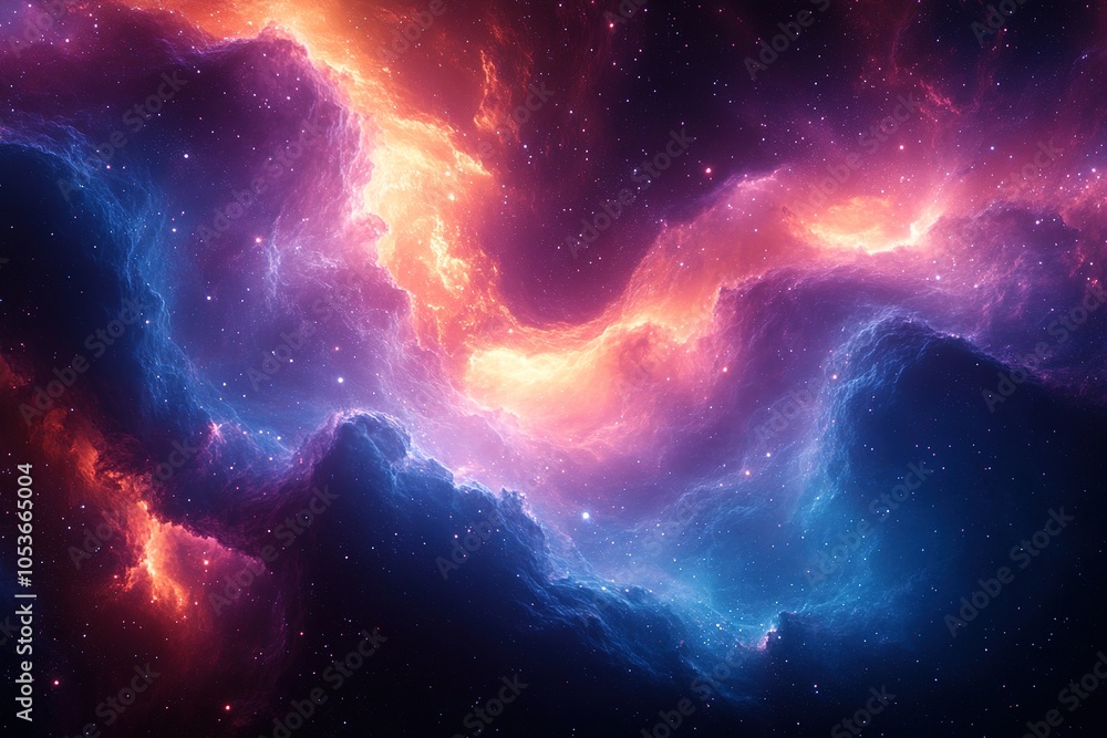 Obraz premium Abstract cosmic nebula with swirling red, blue, and yellow gas clouds against a starry dark blue background.