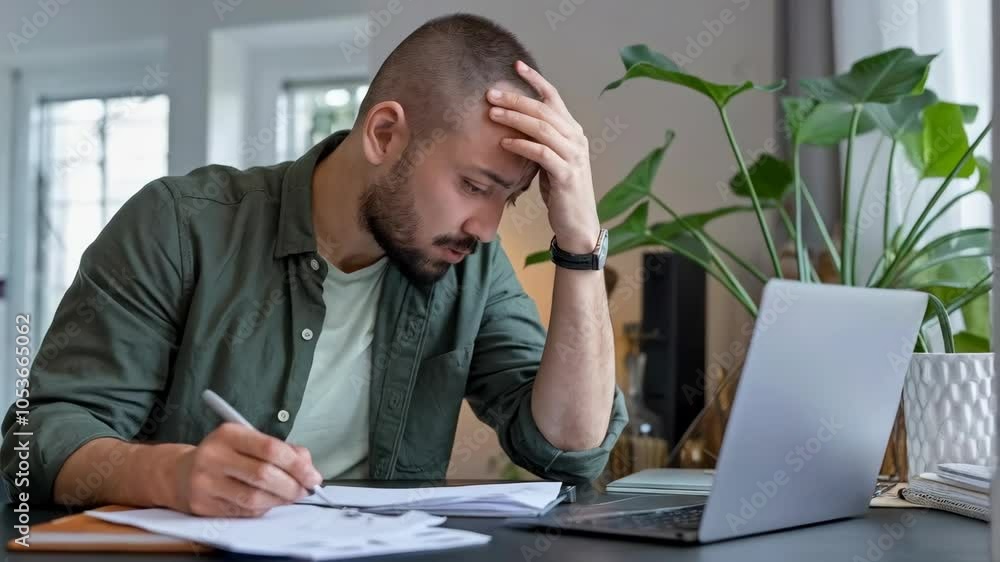 A focused individual writing notes while looking stressed at a desk with a laptop. A focused individual writing notes while looking stressed at a desk with a laptop.