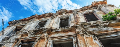 A weathered building facade with peeling paint and broken windows against a blue sky.