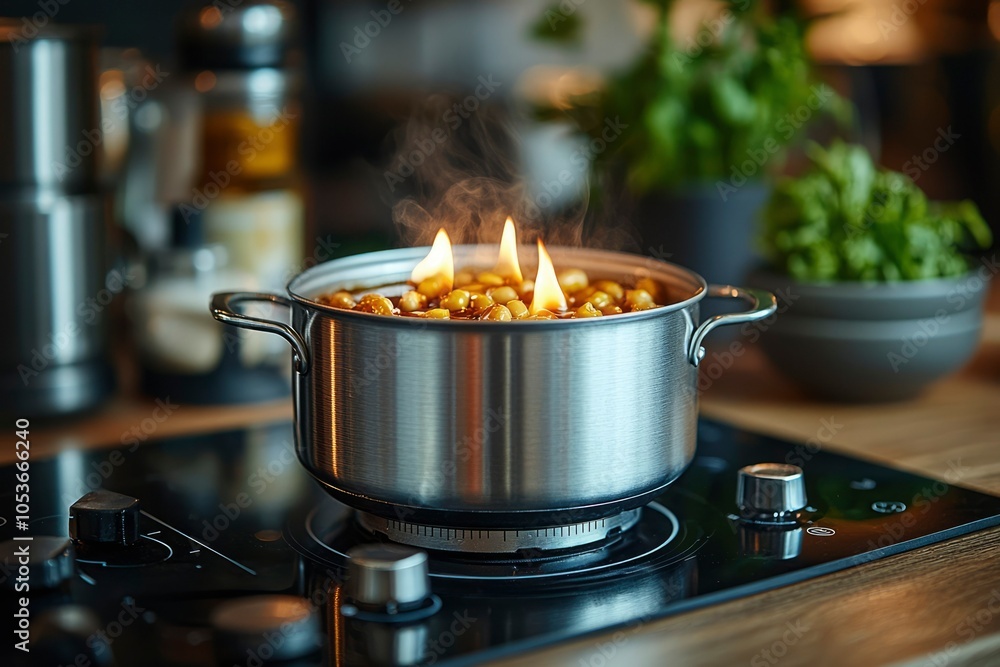 A Stainless Steel Pot With Burning Candles on an Electric Stovetop A Stainless Steel Pot With Burning Candles on an Electric Stovetop